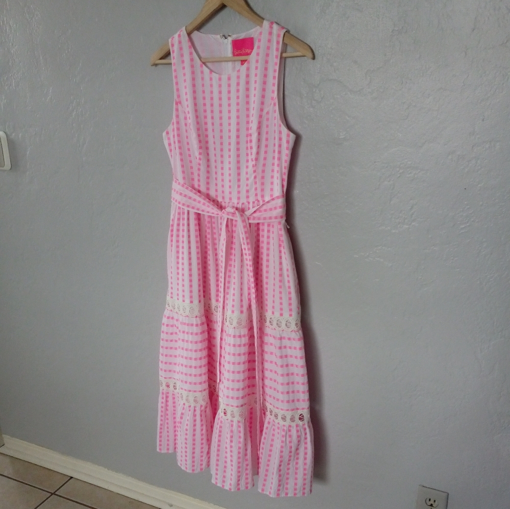 Lilly Pulitzer Maybella Tiered Midi Dress Pink Isle Gingham Lace Insert 6 - Picture 5 of 16
